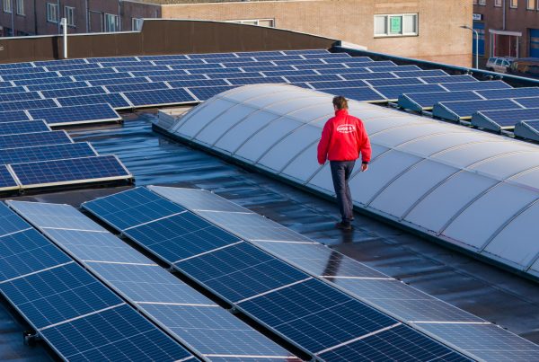 Medewerker van Rood B.V. loopt langs zonnepanelen op een bedrijfsdak