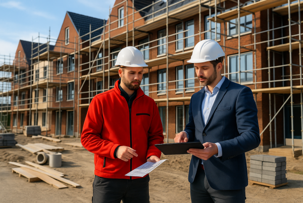 Bouwplaats waar aannemer en installateur overleg voeren over installatieproject